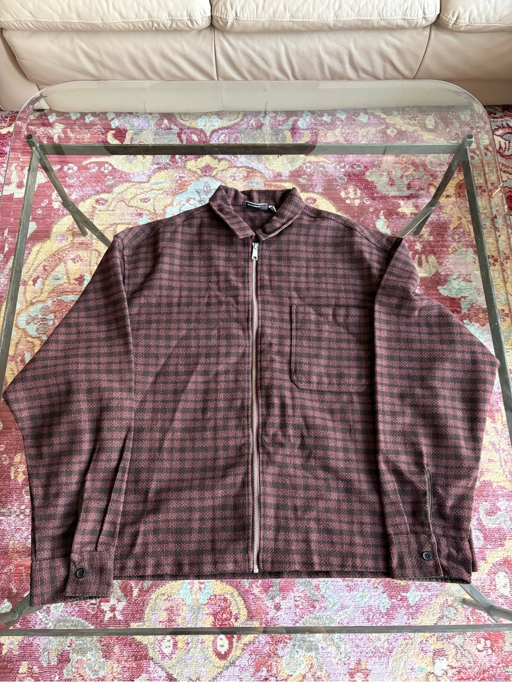 ASOS Men's Burgundy Check Zip-Front Shirt Jacket